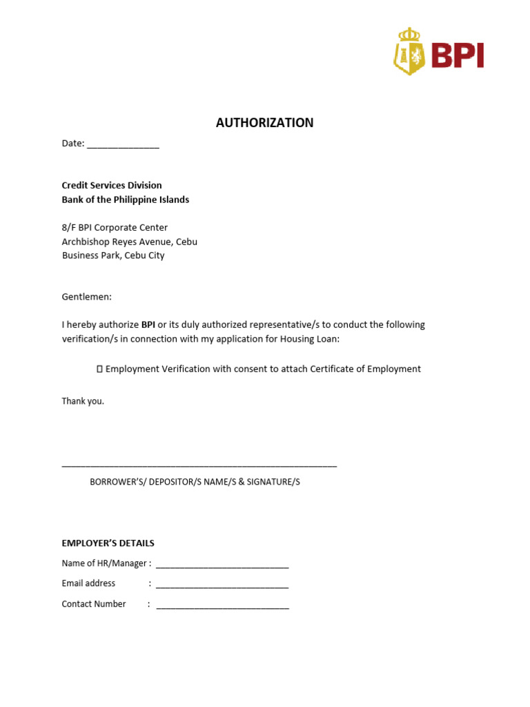 Authorization Letter For Employment Verification For BPI | PDF