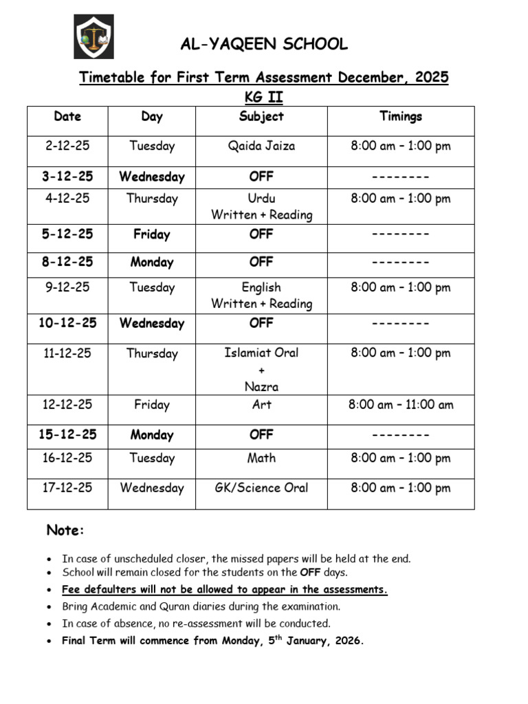 First Term Timetable KG II 2025 | PDF
