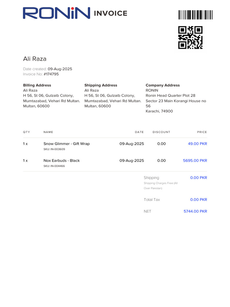 Ronin Order Invoice - #174795 | PDF