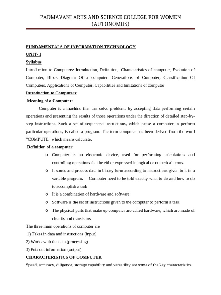 Fundamentals of Information Technology Unit-I | PDF | Touchscreen ...