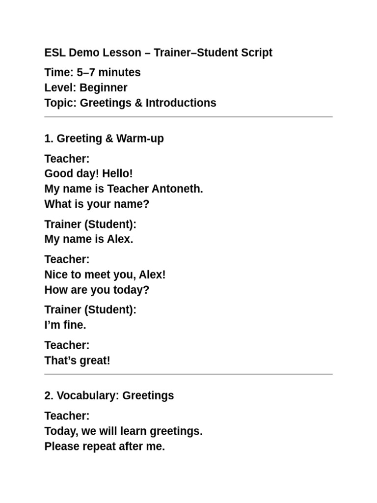 ESL Demo Lesson Print | PDF