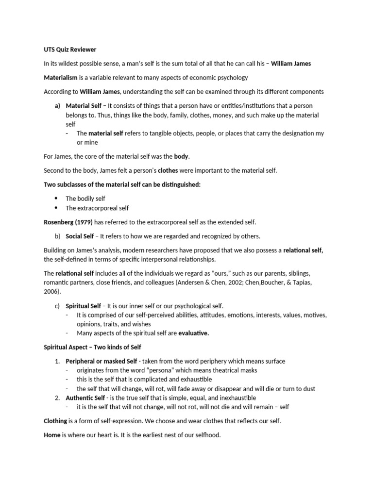 UTS Quiz Reviewer (Material Self) | PDF | Psychology | Psychological ...