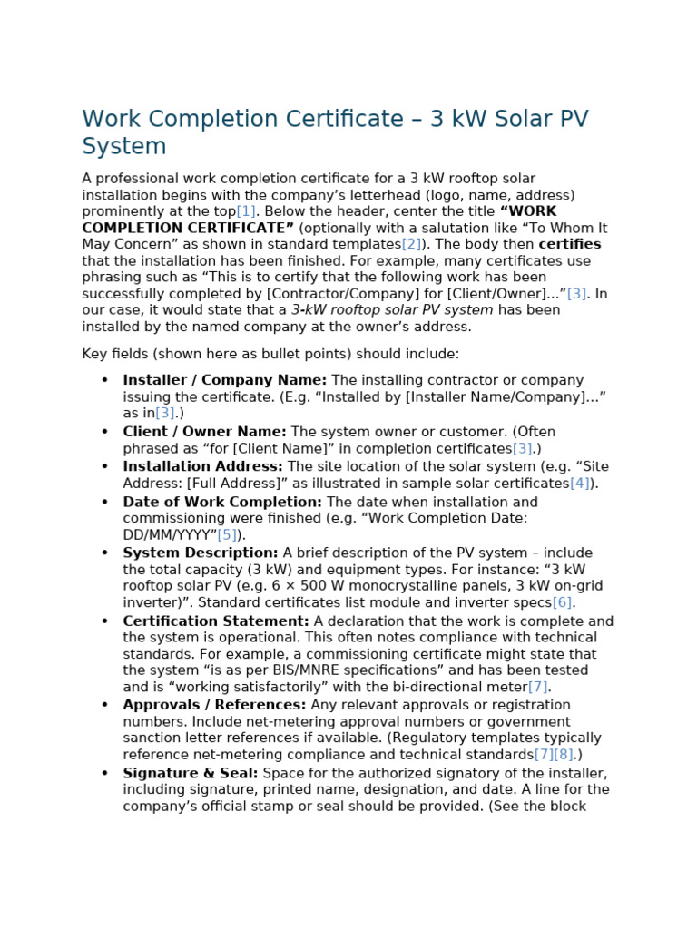 Work Completion Certificate - 3 KW Solar PV System | PDF | Photovoltaic ...