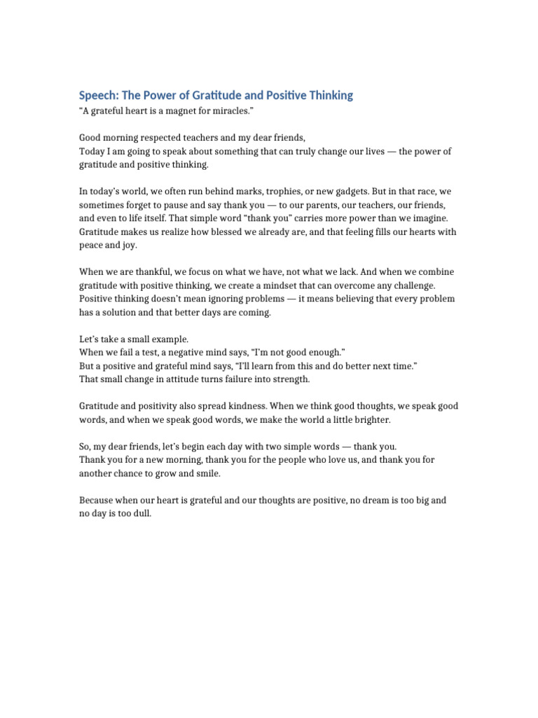 Speech The Power of Gratitude and Positive Thinking | PDF