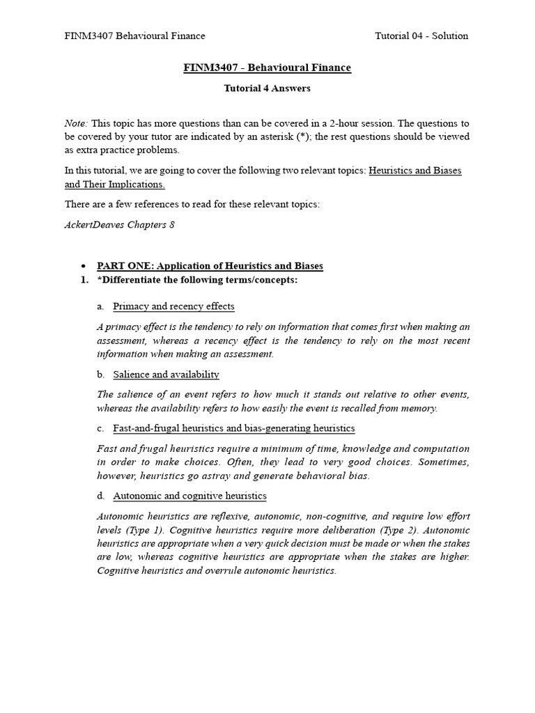 FINM3407 Tutorial 4 Solutions | PDF | Heuristic | Representativeness ...