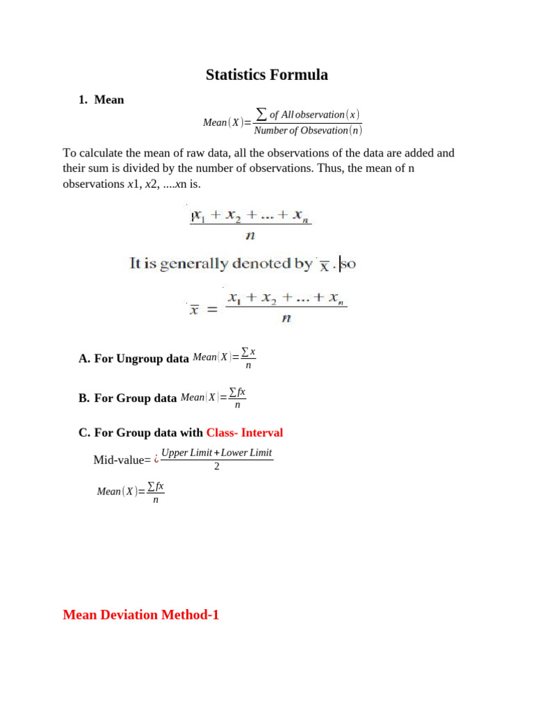 Statistics Formula and Mean Median Mode | PDF | Mode (Statistics ...