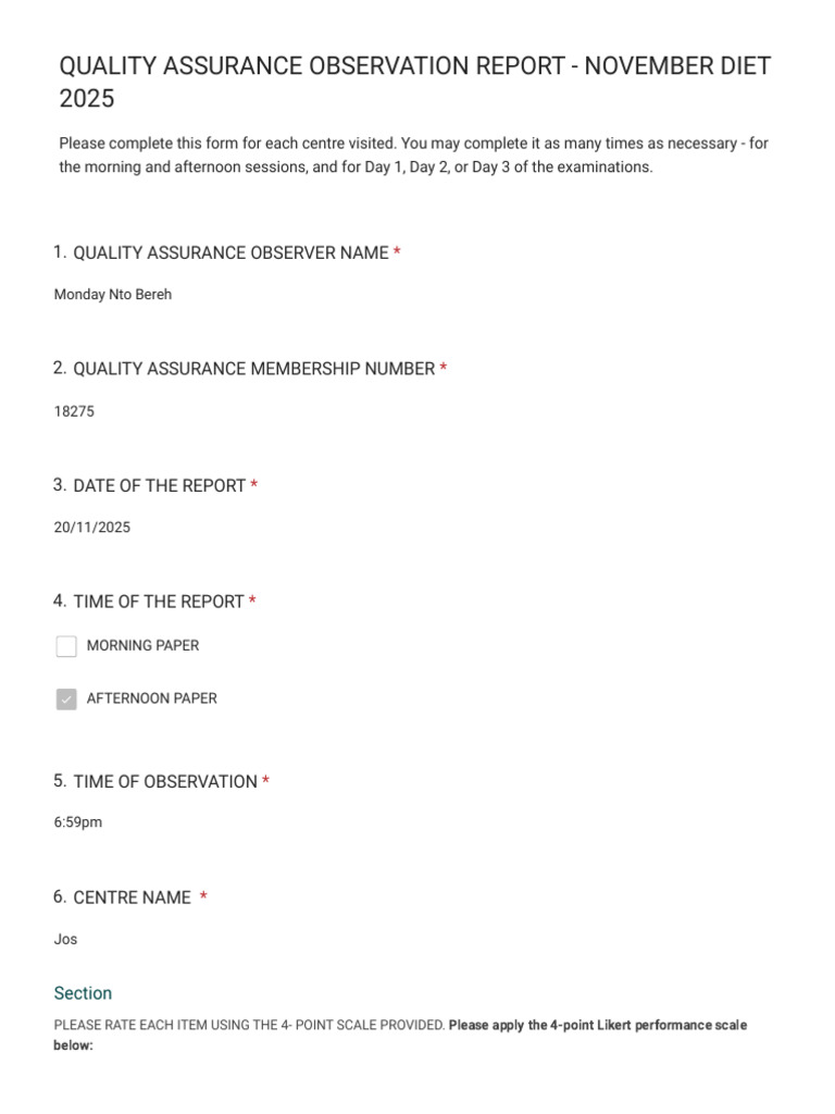 Quality Assurance Observation Report - November Diet 2025 | PDF