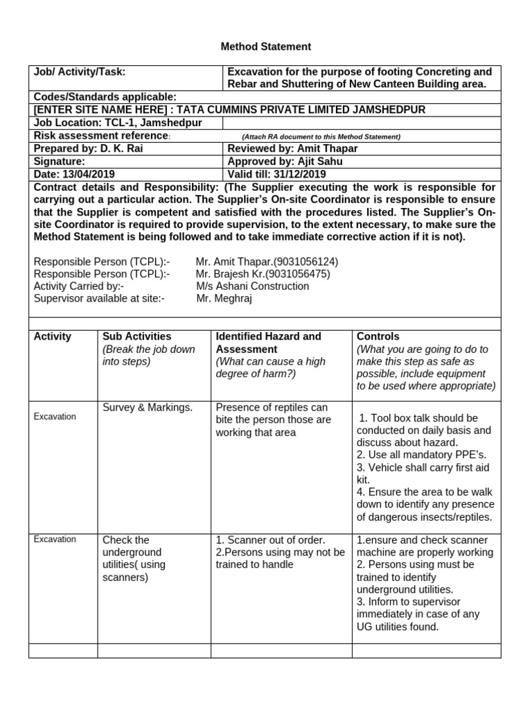 Method Statement For Excavation | PDF | Personal Protective Equipment