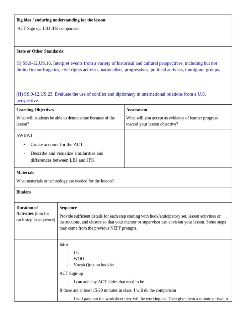 ACT Sign-Up Lesson Plan | PDF
