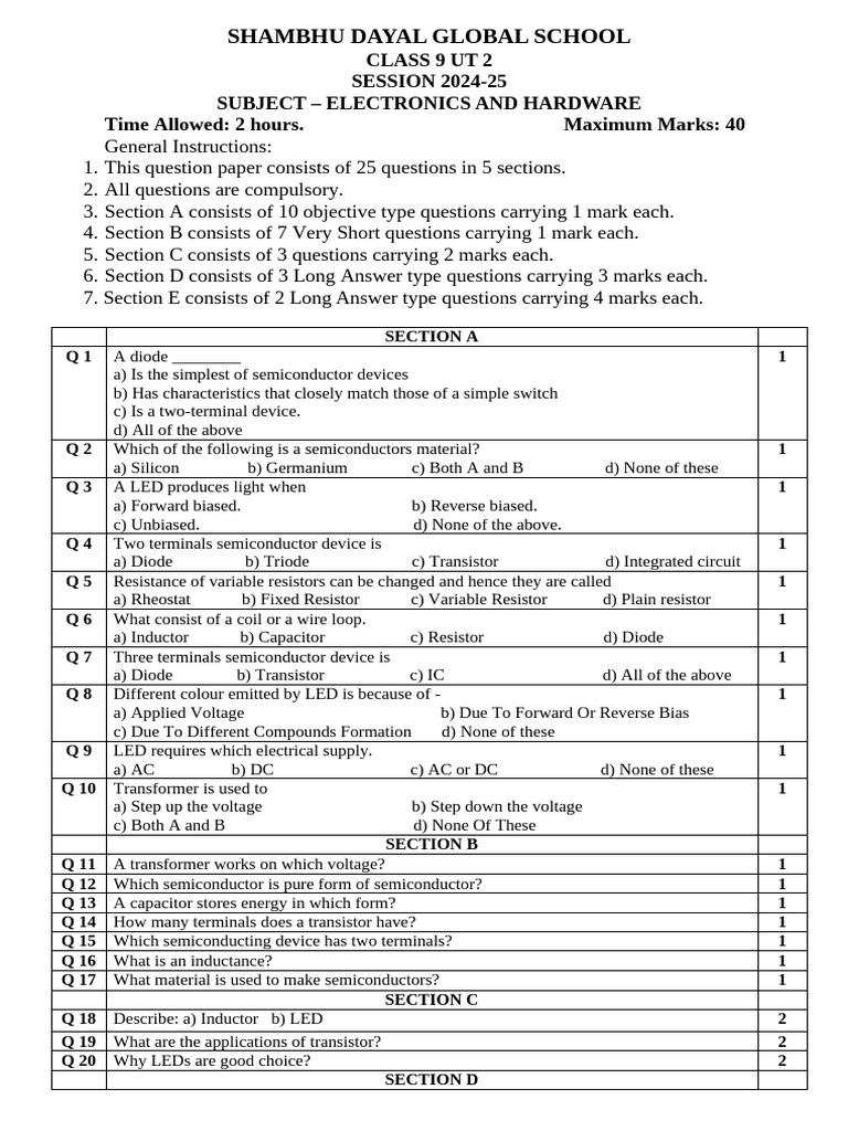 Class 9 QP Electronics UT2 2024-25 | PDF | Voltage | Transistor
