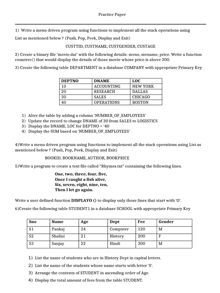 Grade 12 CS Practice Paper | PDF | Databases | Data Management Software