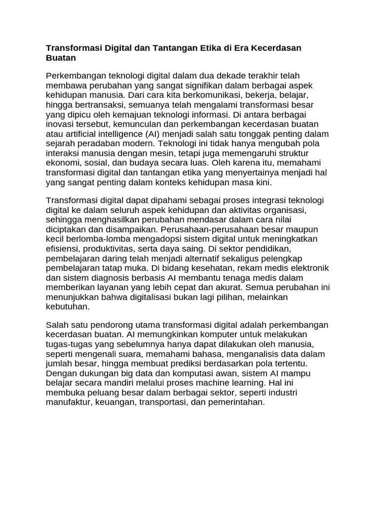 Transformasi Digital Dan Tantangan Etika Di Era Kecerdasan Buatan | PDF
