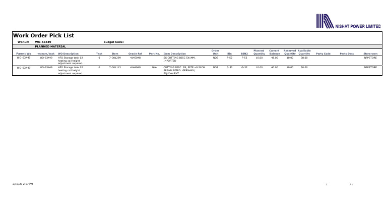 Work Order Pick List-1 | PDF