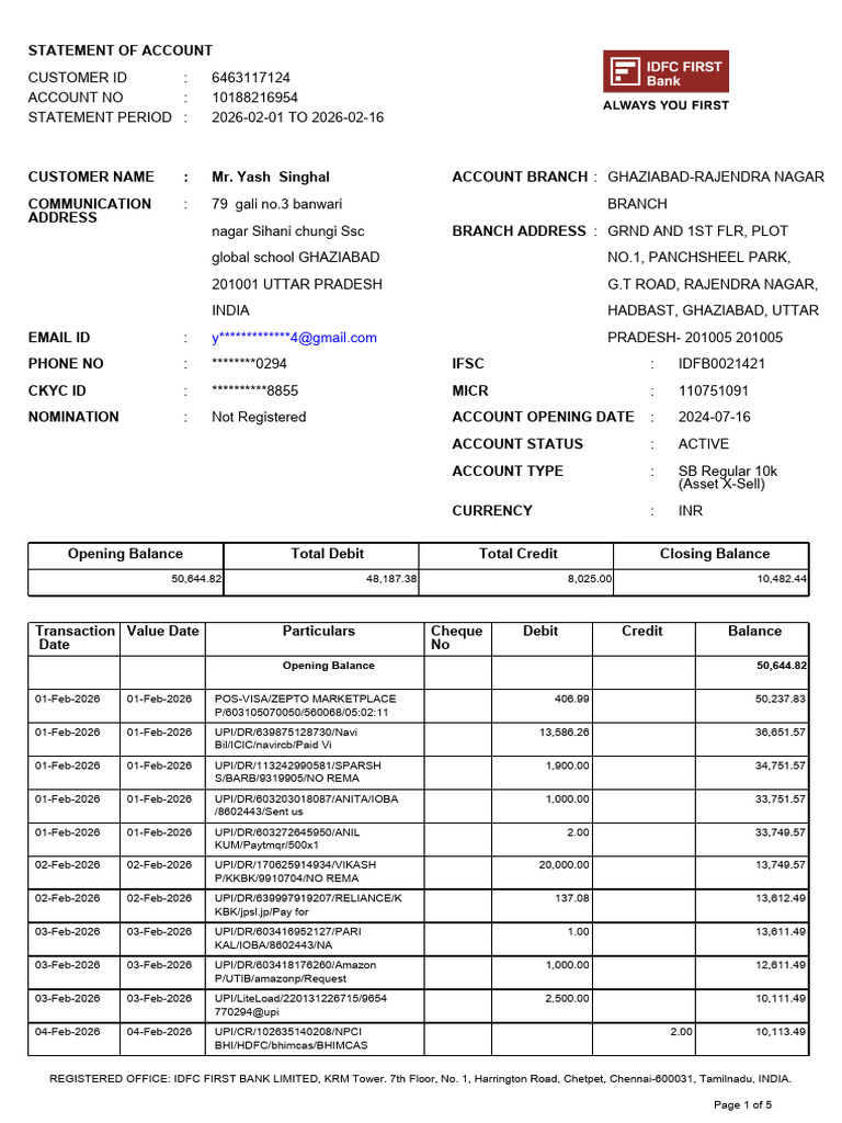 IDFCFIRSTBankstatement 10188216954 155646568 | PDF | Banking ...