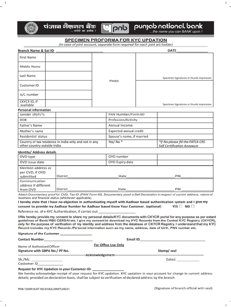 Revised Kyc Form 1294 r1 Fatca | PDF