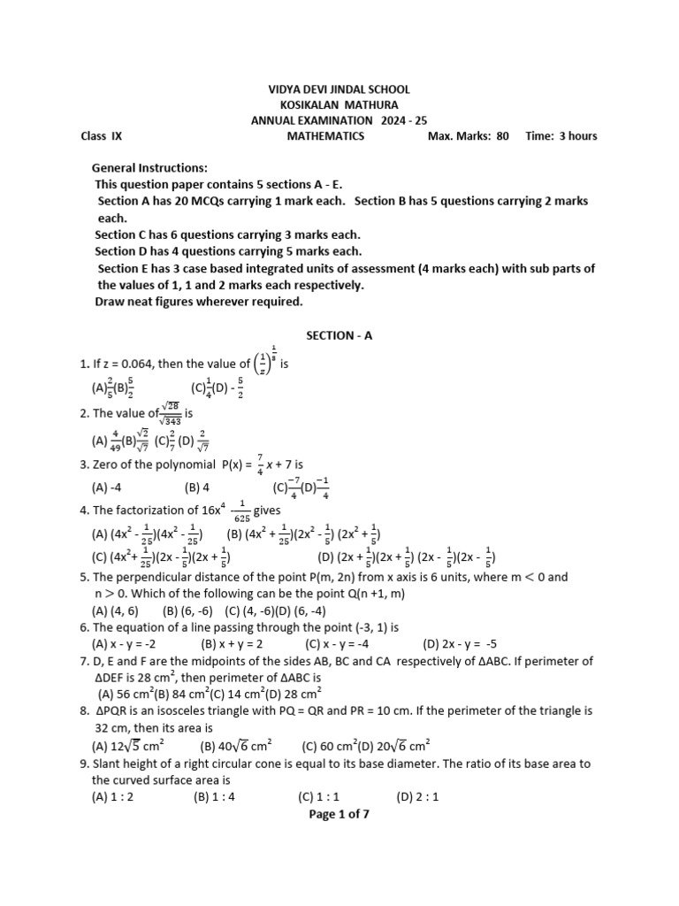 Sample Question Paper - 3 Mathematics IX | PDF | Area | Triangle