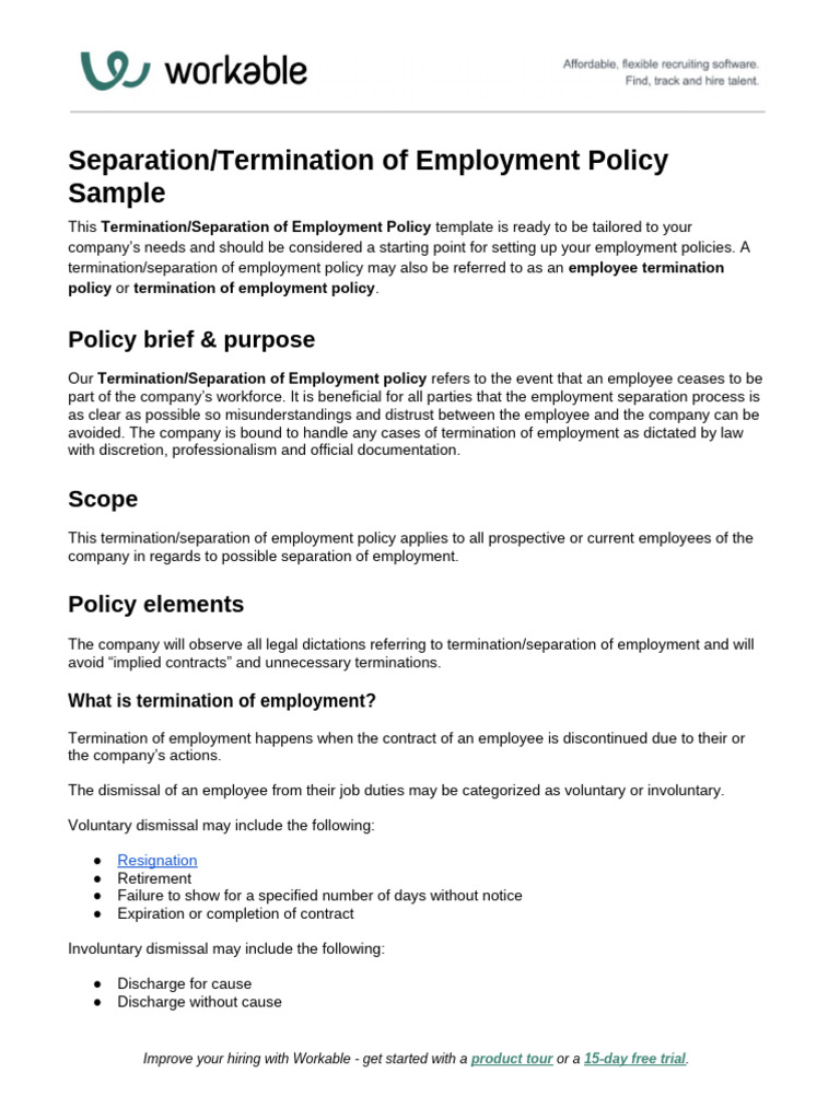Separation Termination of Employment Policy Sample | PDF | Employment ...