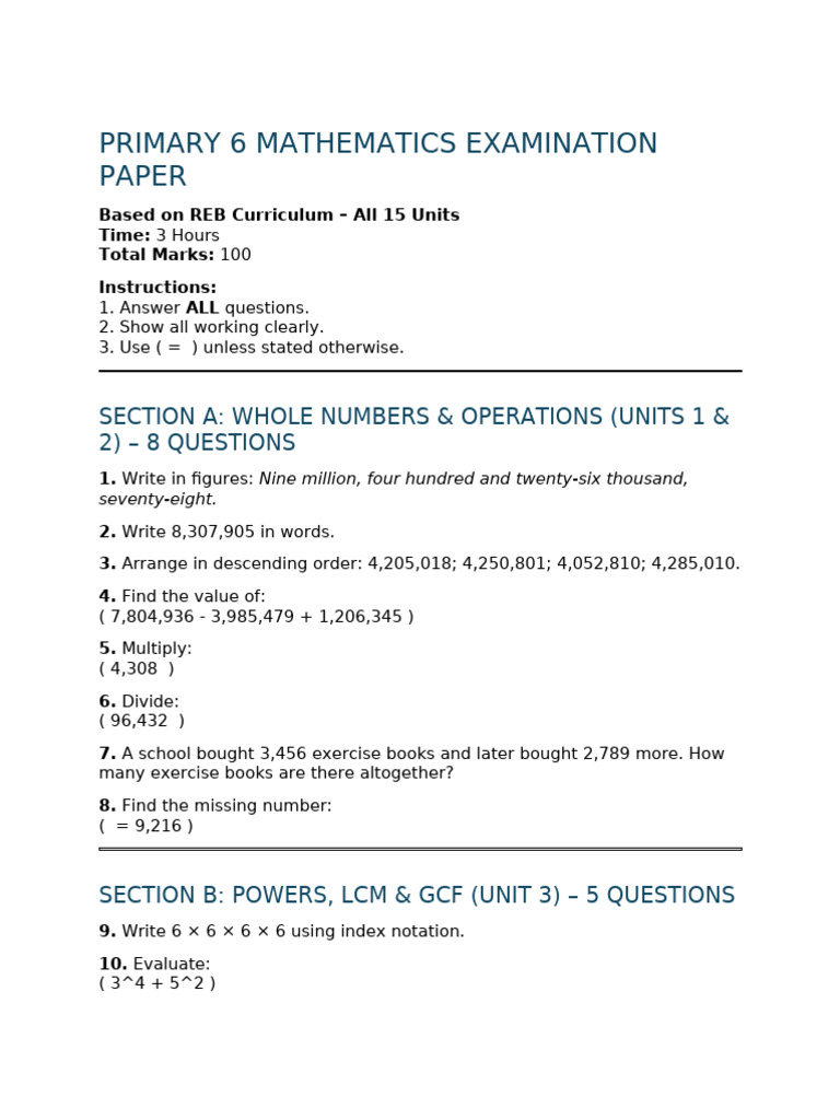 Primary 6 Mathematics - Full Examination Paper (40 Questions) | PDF ...
