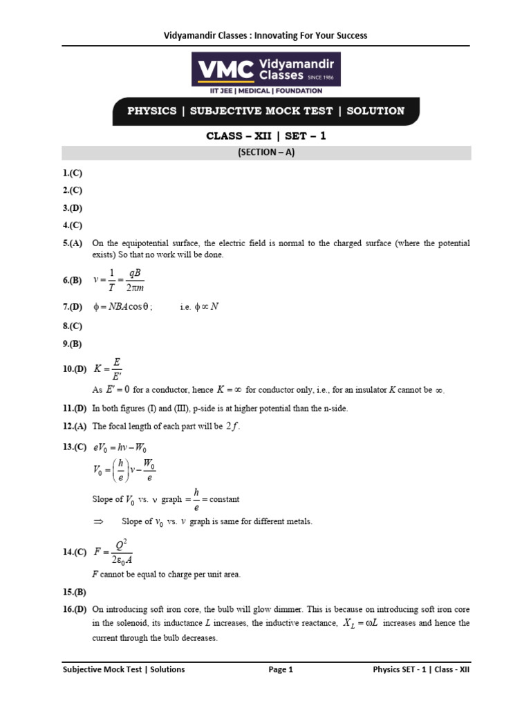 Physics - Subjective Mock Test - Solution: Class - Xii - Set - 1 | PDF ...