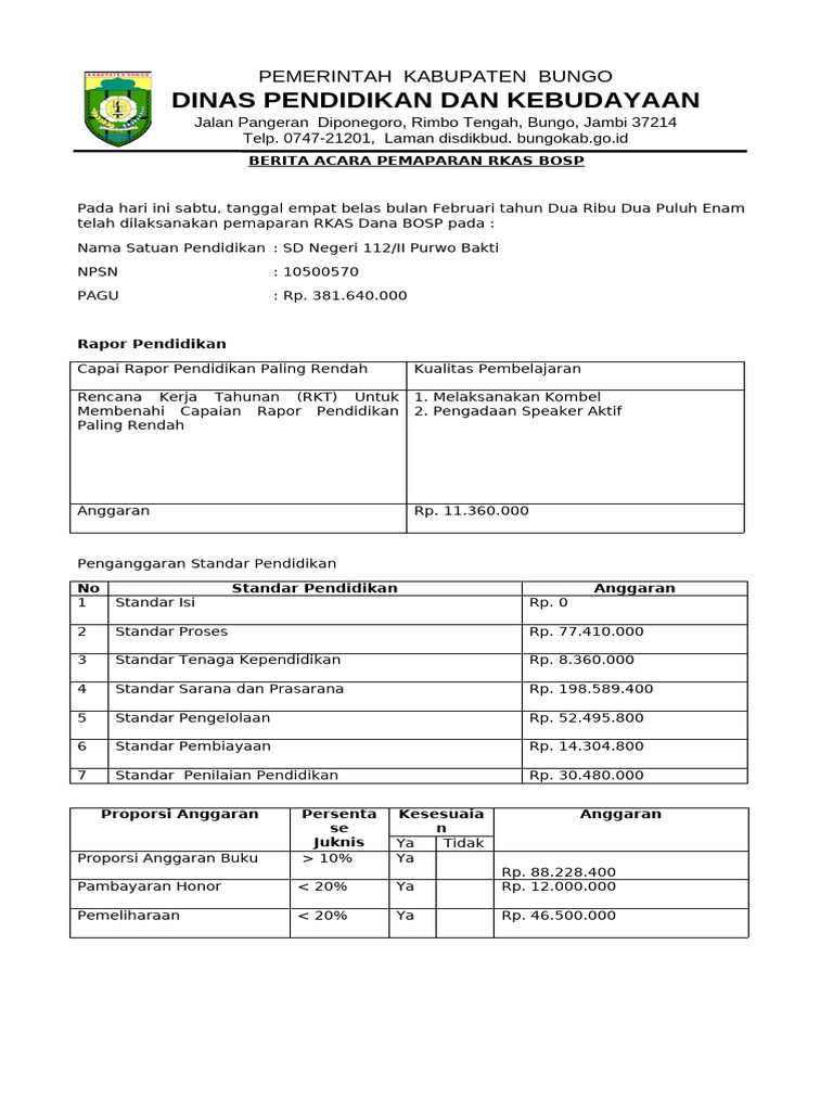 Berita Acara Pemaparan Rkas Bosp | PDF