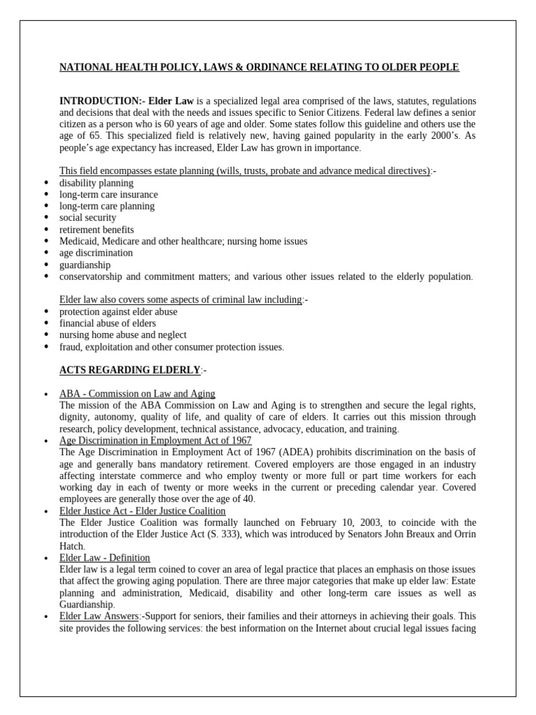 Natinal Health Policy and Laws Related To Old Age | PDF | Pension ...