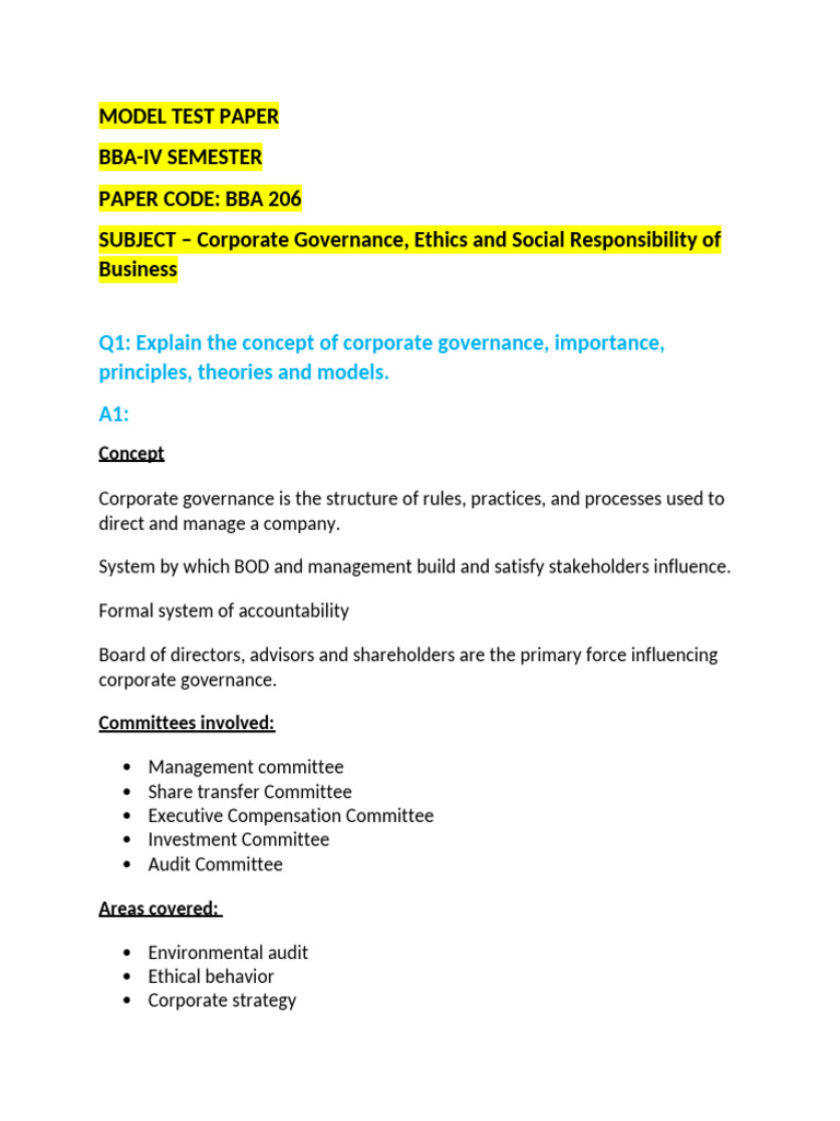 BBA 206 CSR Model Test Paper | PDF | Sustainability | Corporate Social ...