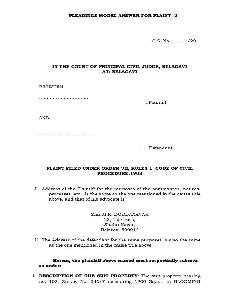 2 Immovable Property Plaint Model | PDF | Lawsuit | Judiciaries