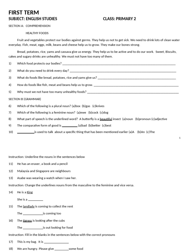 Primary 2 First Term Examination | PDF | Prayer | Dieting