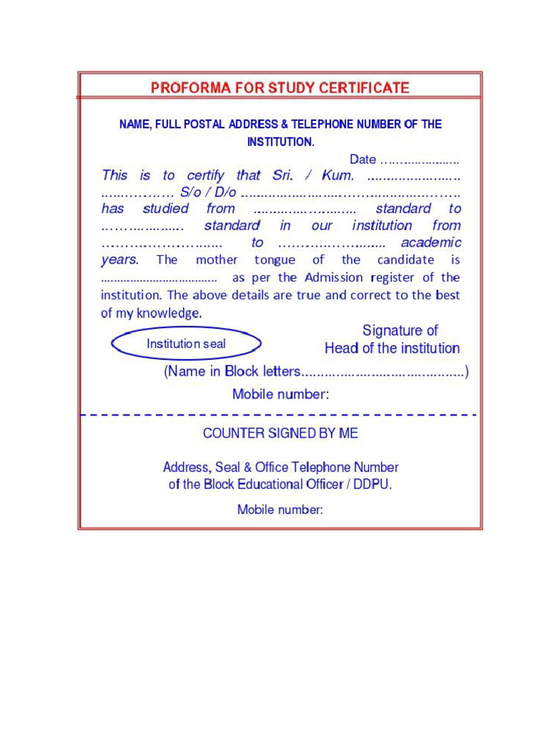 A1 Proforma For Study Certificate | PDF