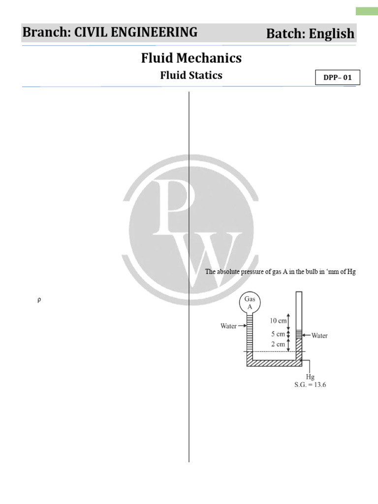 Fluid Statics DPP 01 (Of Lec 02) | PDF | Pressure | Pressure Measurement