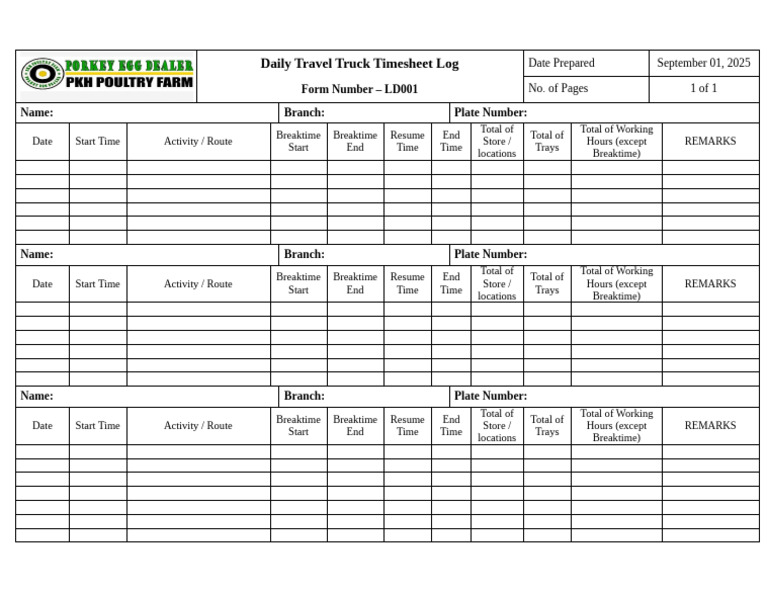 Daily Travel Truck Timesheet Log | PDF
