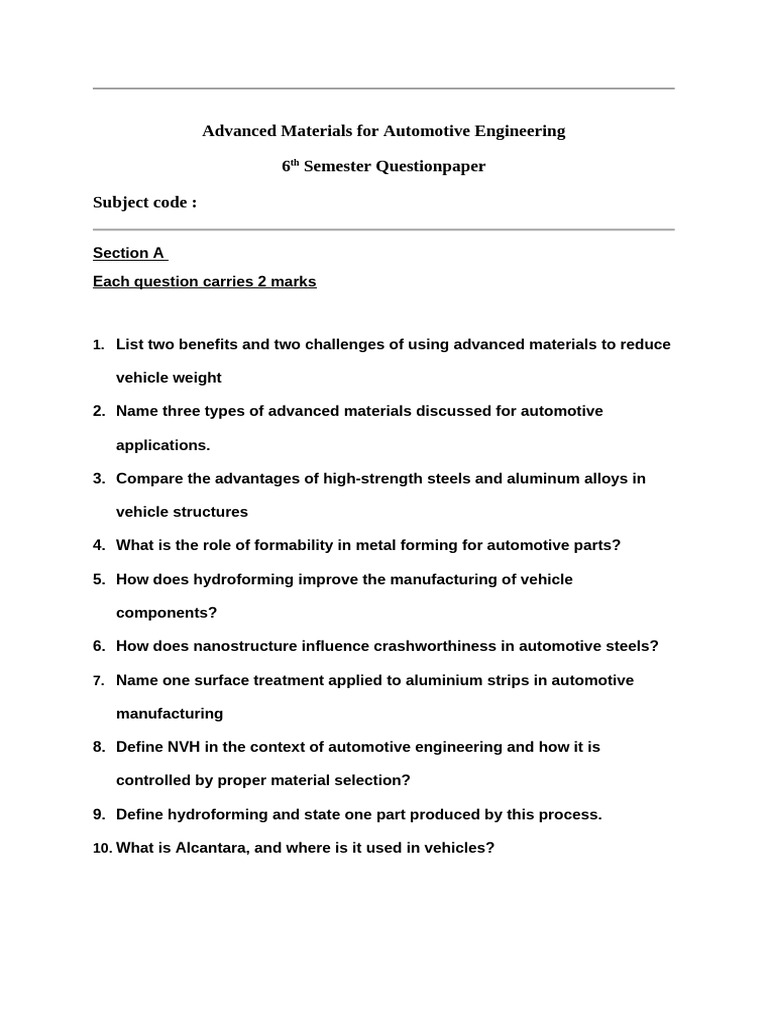 Advanced Materials For Automotive Engineering - Sem VI QP | PDF