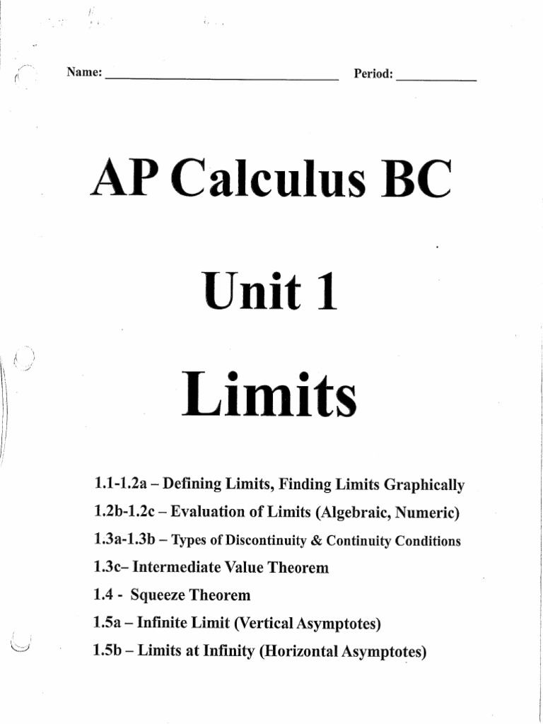 BC Calc Unit 1 Limits Packet 2025 | PDF