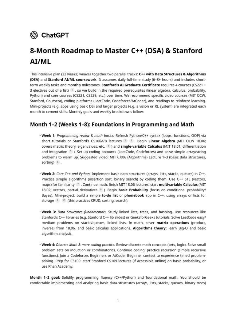8-Month Roadmap To Master C++ (DSA) & Stanford AI - ML | PDF ...