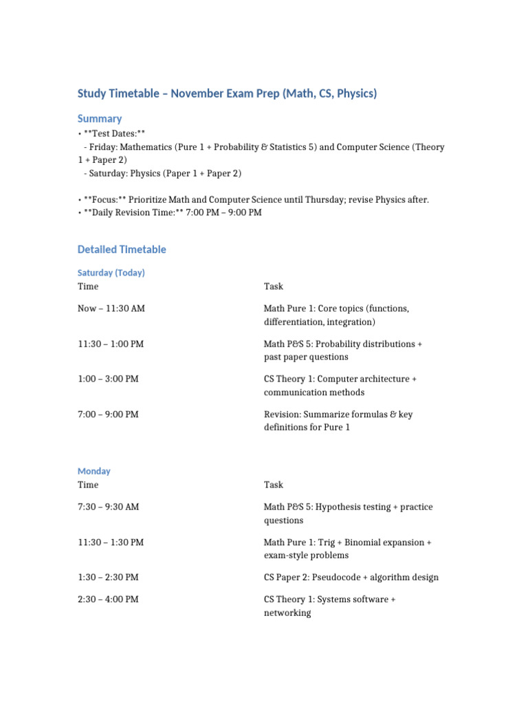 Study Timetable November Exam Prep | PDF | Mathematics | Computer Science