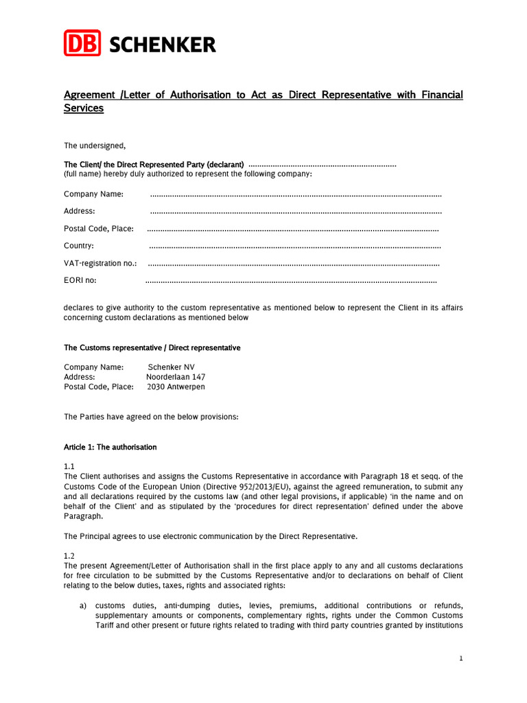 Authorization Direct Representation Data | PDF | Legal Liability | Customs