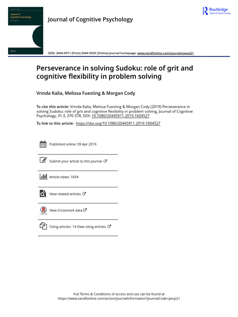 Perseverance in Solving Sudoku Role of Grit and Cognitive Flexibility ...