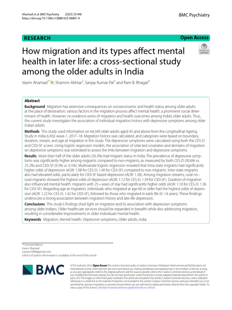 Migration and Mental Health Among Older Person in India | PDF | Major ...