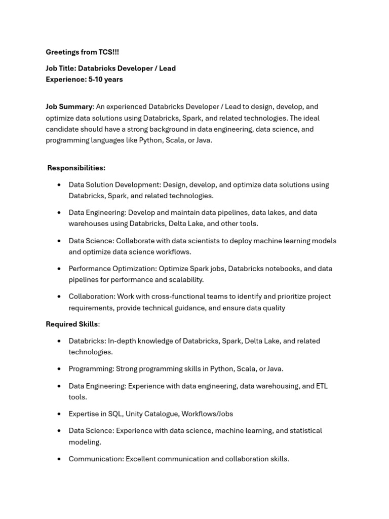 JD For Databricks Lead | PDF