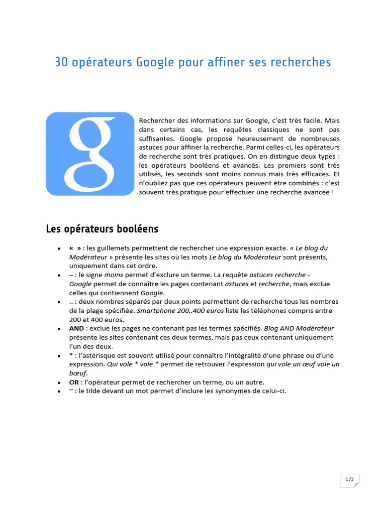 30 Opérateurs Google Pour Affiner Ses Recherches v2 | PDF | Internet ...
