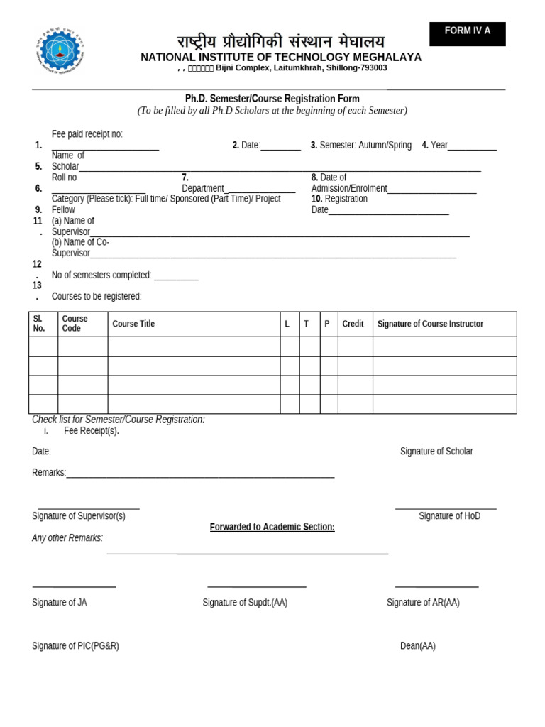 Form - IV A - PH - D Semester Registration Form | PDF