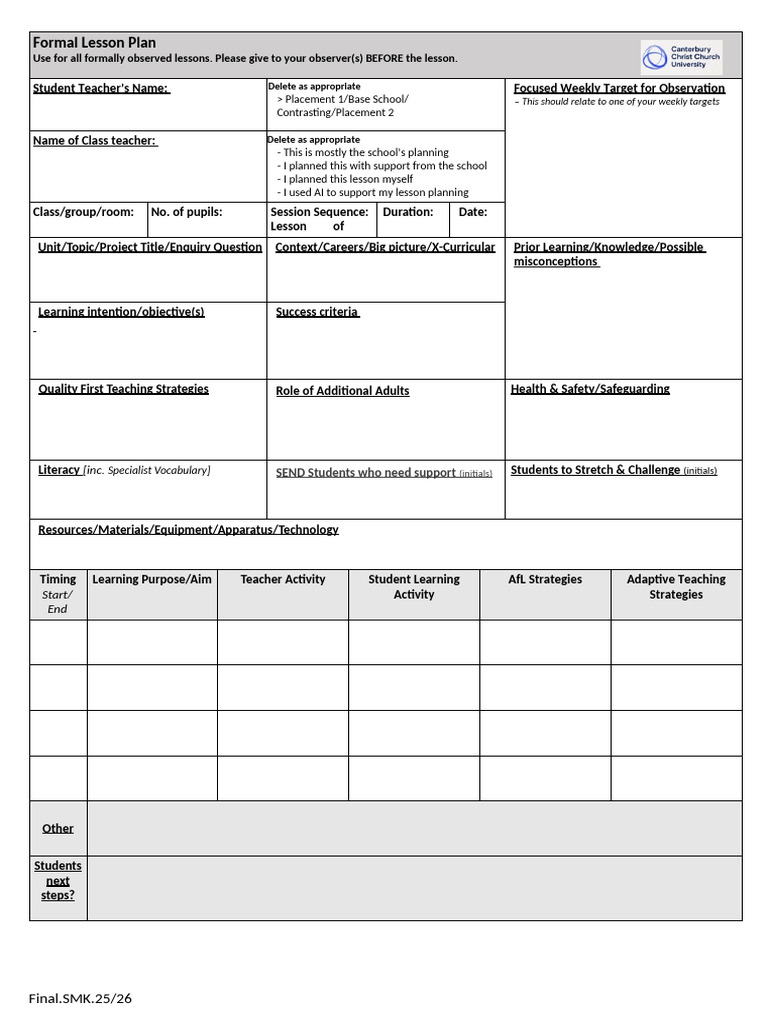 CCCU Lesson Planning Form - 2025 | PDF