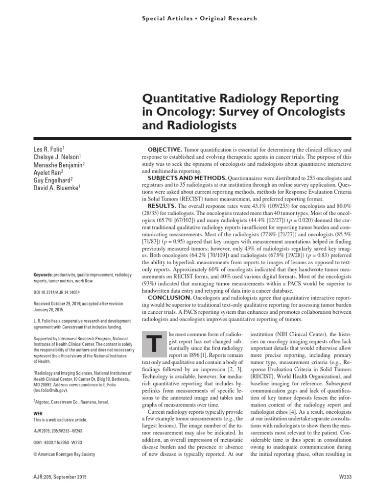 Folio Et Al 2015 Quantitative Radiology Reporting in Oncology Survey of ...