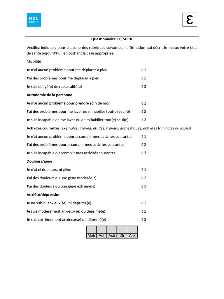 Questionnaire EQ5D | PDF | Anxiété | Émotions