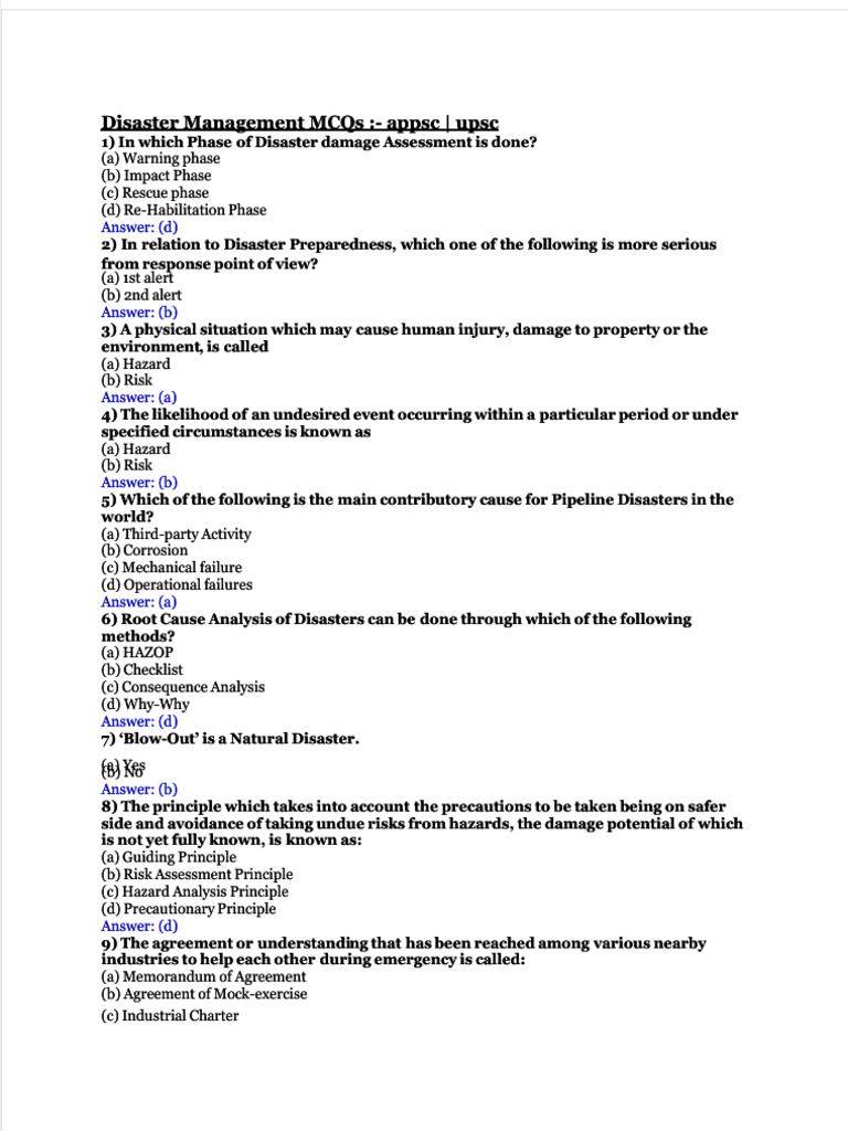 PDF Disaster Management Mcqs Compress | PDF | Emergency Management ...