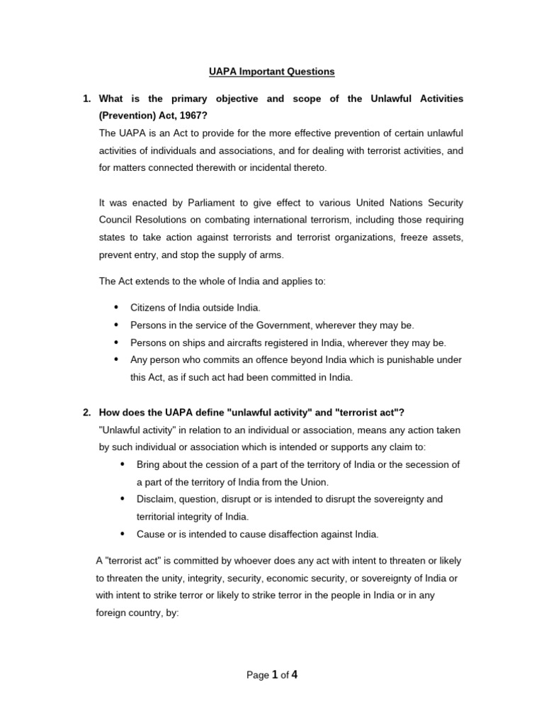 UAPA Important Questions | PDF | Bail | Crime & Violence
