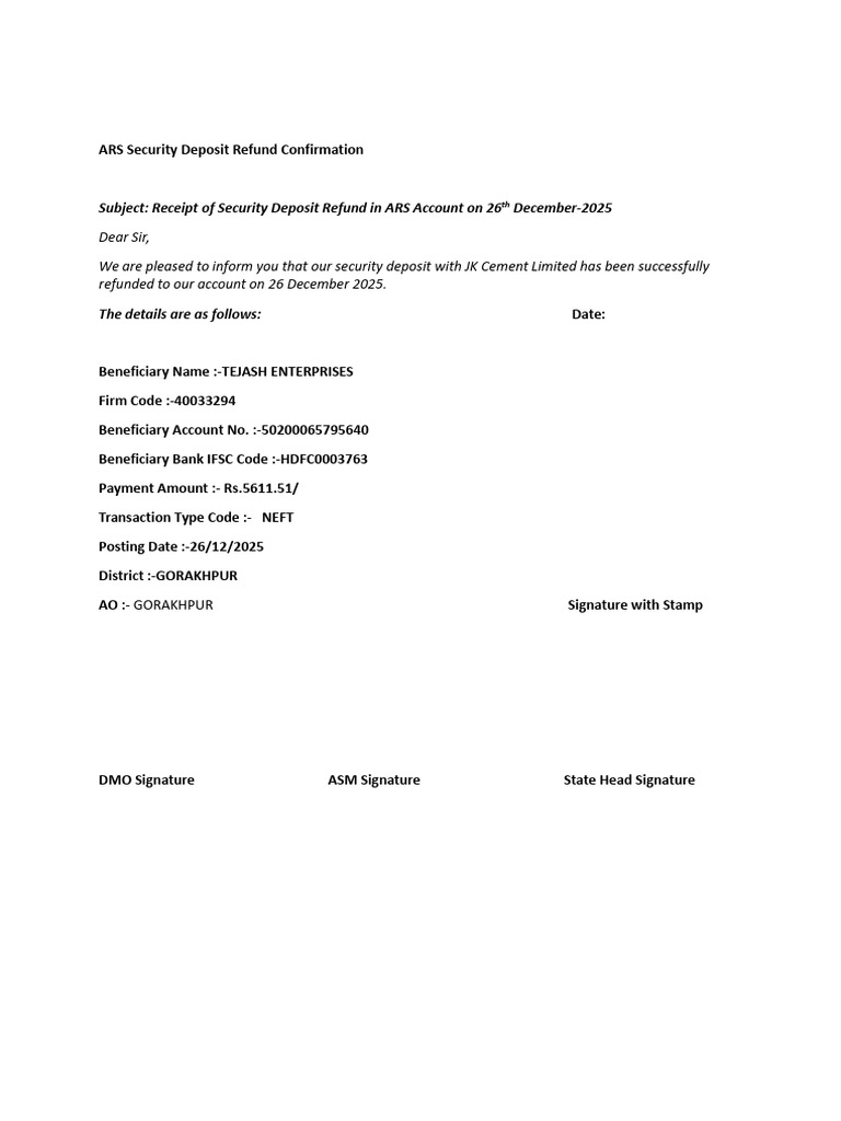 ARS Security Deposit Refund Confirmation GKP | PDF
