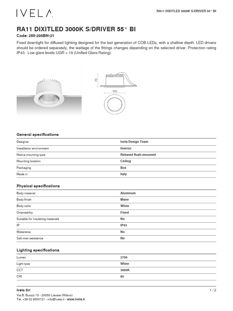 Ivela - Ra11 Dixitled 3000K Sdriver 55° Bi 255-200BN-21 | PDF