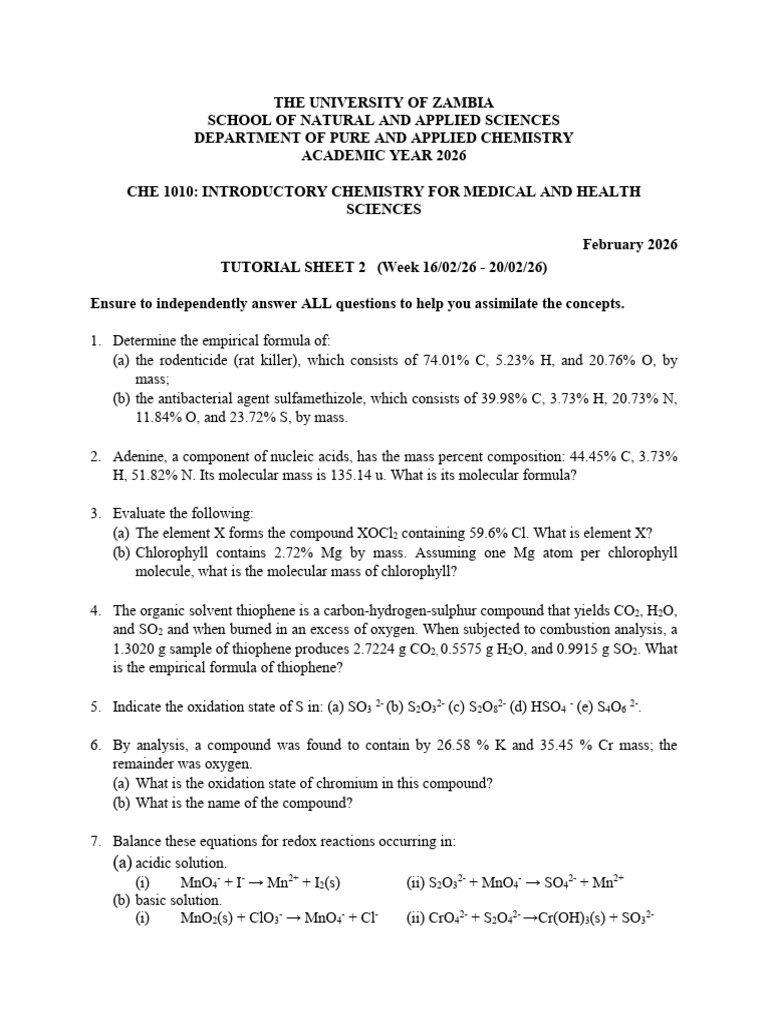 CHE 1010 Tutorial Sheet 2 - 2025 - 26 | PDF | Molecules | Materials