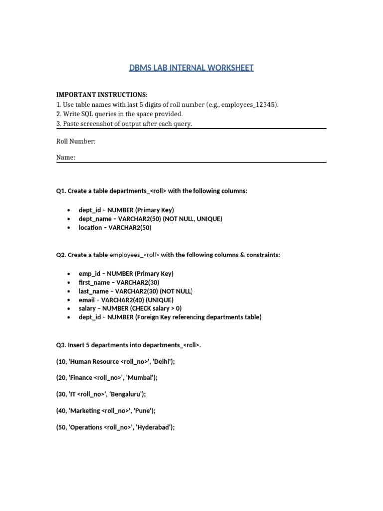 DBMS SQL Worksheet | PDF